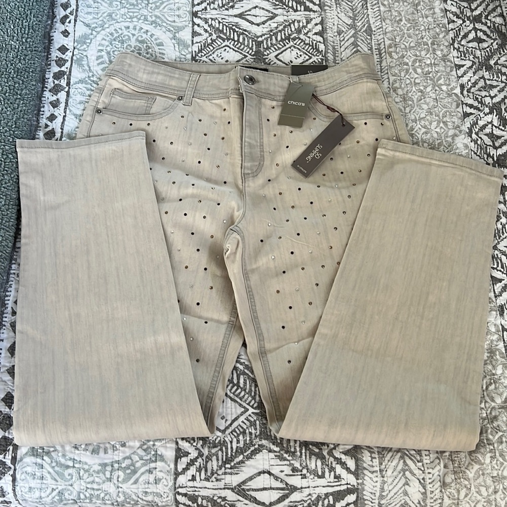 Chico’s So Slimming Scattered Stones Vintage Grey Wash Slim Leg Jean Size 2R.NWT